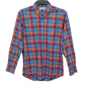 Southern Pines Mens Medium Blue Orange Red‎ Plaid Long Sleeve Button Down Shirt